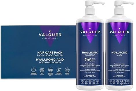 VALQUER Pack Ácido Hialurónico Champú Reparador y Mascarilla Capilar Fórmula Zero | Hidrata y Protege el Cabello Dañado y Seco con Aloe Vera y Keratina | Para Todo tipo de pelo | 1 L + 975 ml