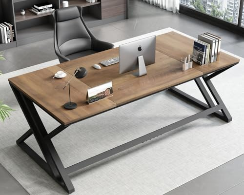 HSH Bureau Ordinateur Grand 180Cm Industriel Télétravail Étude Chêne Clair | Bureau structure métallique renforcée plateau extra-large grand espace travail adapté télétravail étude domestique création