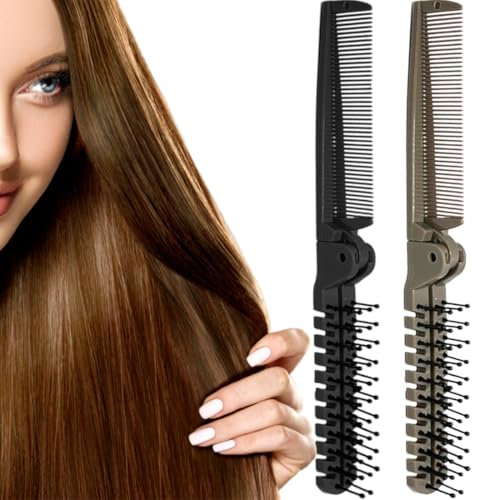 Paquete de 2 peines de viaje plegables, peine plegable，cepillo de masaje para la cabeza y peine de dientes finos, peines para niños y adultos，no tira de pelo (negro/marrón claro)
