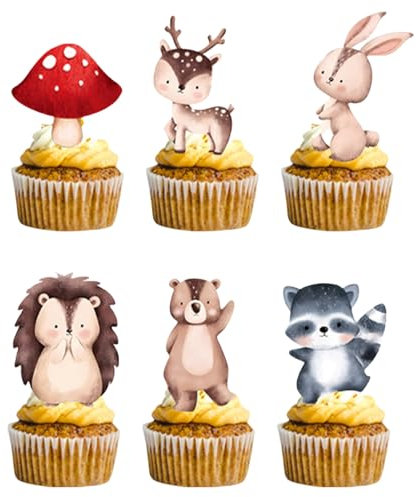 Calkkrer 24 topper per torte con animali della foresta, graziosa decorazione per torte per bambini, decorazione per cupcake, decorazione per feste di compleanno