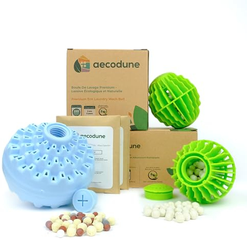 aecodune Paket Tvättboll + Torkbollar Ekologiskt & Ekonomiskt - Tvättboll 2 år av Tvätt (240 tvättar) Citrondoft för Tvättmaskin och Återanvändbara Torkbollar