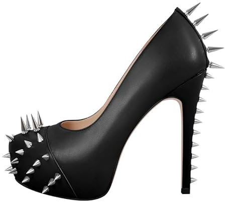 blingqueen Stiletto High Heels Runde Zehen Pumps Plateau Damenschuhe Slip on Punk Stil mit Nieten Glattleder Schwarz 40 EU