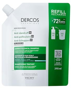 Vichy Dercos Anti-Dandruff Dermatological Shampoo for Normal to Oily Hair, 390 ml Refill Pouch