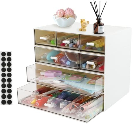 4-stöckiger Schreibtisch-Organizer mit 7 Schubladen, stapelbare Schreibtisch-Aufbewahrungsbox mit 20 rutschfesten Polstern, Make-up-Organizer-Ablage für Bürobedarf und Aufbewahrung zu Hause