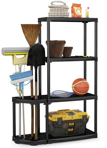 TANGZON 4-Tier Garage Shelving Unit, Heavy Duty Plastic Storage Rack with 2-Tier Sided Holder & Wide Bottom Base, Racking Shelf Organizer for Home Office Workshop, 89 x 30 x 133cm, Black