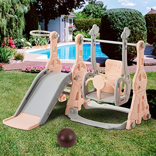 Tobogán para niños 4 en 1, tobogán de interior para niños de 1 a 3 años, conjunto de diapositivas y columpios 4 en 1, deslizador de jardín para interior y exterior, rosa
