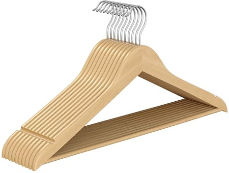 SONGMICS Grucce Appendiabiti Legno, 10 Pezzi, Appendini, Scanalature su Spalle, Gancio Girevole a 360°, Legno di Betulla, Risparmio di Spazio, per Pantaloni Giacche, Beige Naturale CRW035KZ01