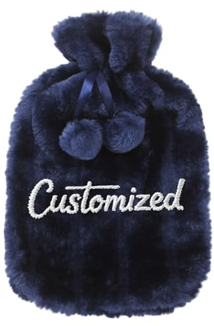 Personalised Hot Water Bottle with Plush Cover & Customized Text, 2 Liters, Relieves Body Aches & Pains, Unique Cosy Nights & Gifts (Dark Blue)