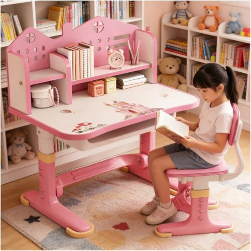 toilmua Escritorio de estudio con silla para niños de 3 a 12 años, altura ajustable, juego funcional de escritorio y silla, tablero de densidad, distancia dorada, separación científica, mesas de