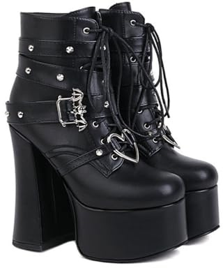 KUHAOFEU Botines Plataforma Góticos Mujer Botas De Combate Cordones con Tachuelas Cremallera Hebillas Botas De Motocicleta Punk,Black PU,40 EU