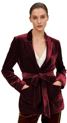 Dam sammet blazer vardaglig jacka kontorsrock bröllop smoking kostym blazer sammet jacka med bälte, Vinröd, XL