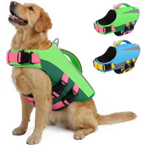 Queenmore Life Jackets for Large Dogs, Reflective Dog Flotation Vest with Superior Buoyancy, Floating Life Vest for Dogs Large Breed with Handle, Puppy Preserver for Boating, Green, L