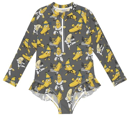 SLHKPNS Girls Rashguard Swimsuit with Frills Banana Karate Fighters Bathing Suits for Kids Girls 5-6 Swimwear for Summer Beach Sport
