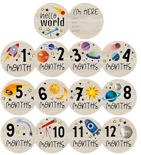 ARWIG | 7 Tarjetas de Hitos para Bebé, Madera de 10cm, Doble Cara, Temática Espacial, Atrezzo para Sesiones de Fotos, Regalo para Recién Nacidos