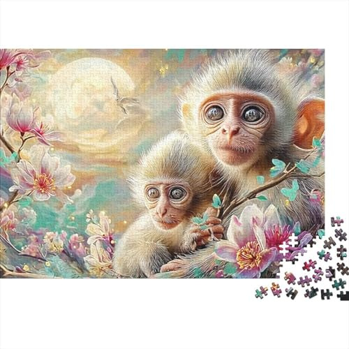 Moonlit Monkey 1000 Piece Gift Giving Puzzle for Adults Monkeys Flowers Moon Tree Butterflies Premium Thick Sturdy Vibrant Challenging Hard Stress Relief 52x38cm/1000pcs
