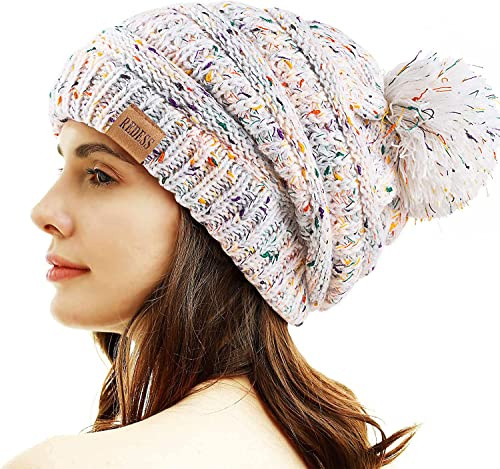 REDESS Gorro de Invierno con pompón para Mujer, cálido Forro Polar, Grueso, Holgado, Tejido de Nieve, Grueso, Holgado, Gorra de esquí con Calavera