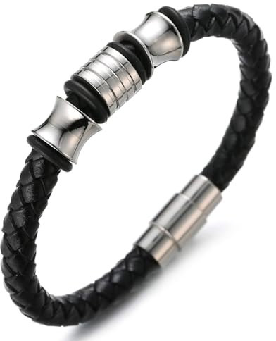 Halukakah Kinder ● Solo Junior ● Jungen Armband Handgefertigt | Echtleder Klassisch Schwarz | Magnetverschluss Edelstahl in Silber | Titan Perlen in Silber | KOSTENLOS Geschenkbox | 6-12 Y/O. 18cm