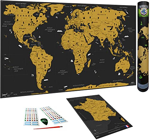 WIDETA Carte du monde à gratter, Français/Poster grand format (82 x 43 cm) / Planisphère, Mappemonde Grattable/Inclus Carte de France, autocollants et accessoires de grattage