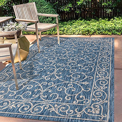 JONATHAN Y SMB106D-9 Charleston Alfombra Exterior Interior Textura Tejido Filigrana Vintage, Costero Clásico, Fácil de Limpiar, Habitación, Cocina, 270 x 370 cm, Azul Marino/Gris