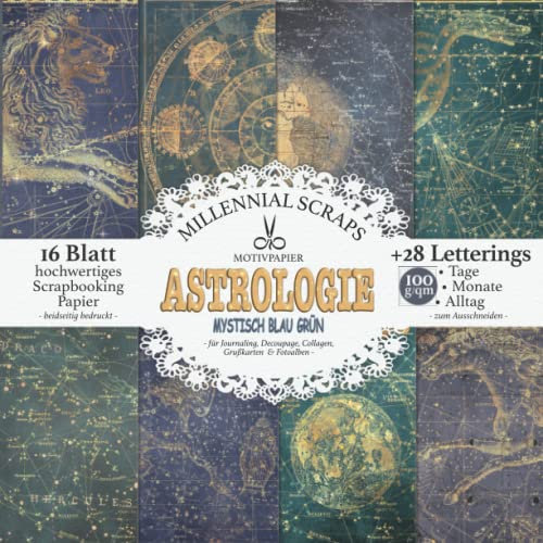 Motivpapier Astrologie Mystisch Blau Grün: Zum Ausschneiden I Dekor für Journaling, Collagen, Karten & Fotoalben I Mit Letterings I Basteln mit Papier Deko & Inspo