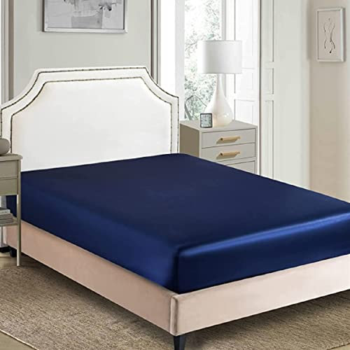 Spannbettlaken 90x200cm Blau Dunkelblau Muster Satin Bettlaken Glatt Glänzend Luxus Seide Spannbetttuch Boxspringbett 90 x 200 Uni Shining Spannbetttücher Leintuch für Hohe Matratze bis 25-30 cm