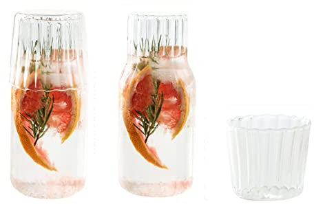 URMAGIC 4 Pcs Bedside Water Carafe Set with Tumbler Glass,600ml Ribbed Clear Glass Water Pitcher,Ripple Glass Carafe with Glass Cup,Vintage Glass Mouthwash Bottle,Juice Carafe Set,Iced Tea Kettle