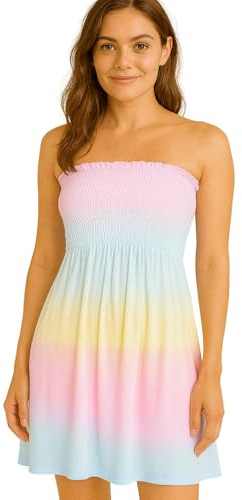 STAR FASHION Women’s Strapless Sheering Ruched Bandeau Dress Plain Boob Tube Sleeveless Midi Dress Summer Holiday Beach Flared Dress Soft Stretch Light Rainbow 16-18