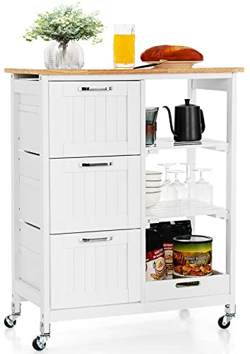 KOMFOTTEU Küchenwagen, vierstöckiger Küchenschrank mit Arbeitsplatte, 3 Schubladen und Lagerregal, Servierwagen für Küche und Esszimmer 67x 37x 84 cm (Weiß)