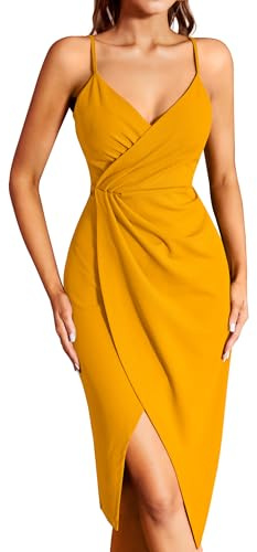 Missufe - Vestido de cóctel para mujer, vestido de fiesta, vestido cruzado, vestido de verano, vestido midi, elegante, estilo bodycon, para boda, sin mangas, con tirantes de espagueti, vestidos de