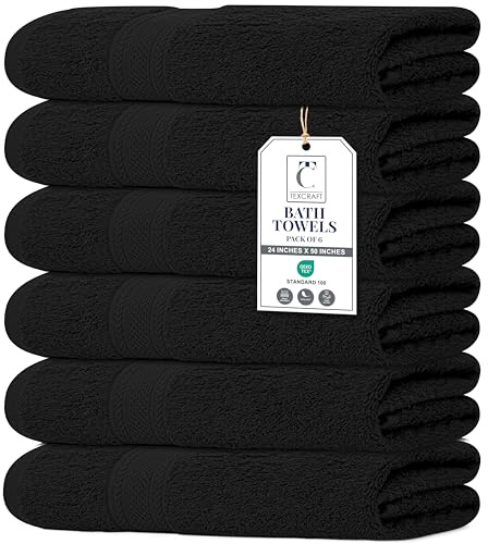 TEXCRAFT Large Bath Towels Set of 6 – 100% Cotton Terry – 24 x 50 – Quick Dry, Soft & Highly Absorbent – Black Towels for Bathroom, Gym, Spa, Pool & Daily Use