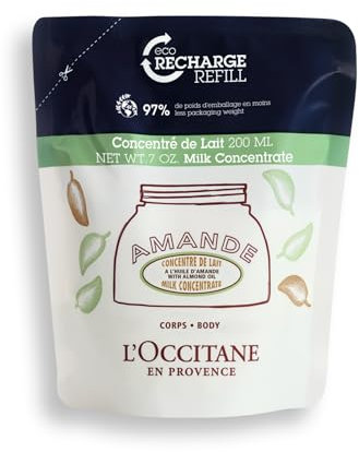 L'OCCITANE Almond Milk Concentrate Refill 200ml | Enriched with Sweet Almond Oil | Vegan & 95% Readily Biodegradable | Luxury & Clean Beauty Body Care for All Skin Types