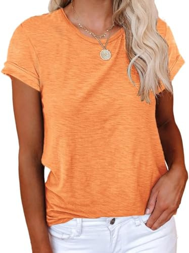 Cicy Bell Women's T-Shirt Crewneck Short Sleeve Shirts Loose Casual Summer Tees Basic Cotton Tops, Orange, M