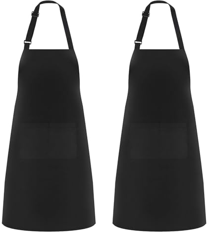 JiaHeHe Delantales de cocina negros de 2 piezas para hombre y mujer, ajustables con 2 bolsillos, impermeables, unisex, ideales para cocinar, hornear, asar, hacer tareas domésticas y pintar