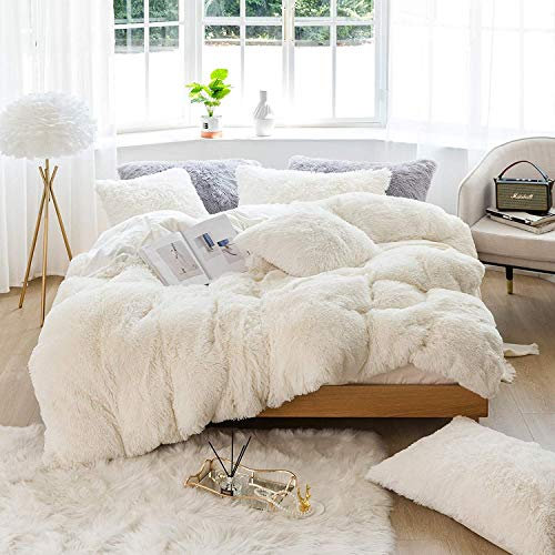 Sacebeleu Plüsch Bettwäsche Set 155x220cm Weiß Creme Warme Winter Flauschig Flanell Biber Mädchen Bettbezug Deckenbezug mit Reißverschluss und 1 Kissenbezug 80x80cm