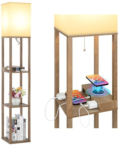 Mlambert Modern Shelf Floor Lamp with Wireless Charger & Fast Charging USB Ports & Type C Port & 2 Power Outlets,3 Tier Storage Lamp for Bedroom(Wood)