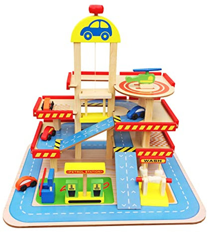 Balinco PARKHAUS FÜR Kinder, Parkgarage mit 3-Etagen, Aufzug, Ticketschalter, Waschstraße, Tankstelle, 4 Autos, Hubschrauber - Holzspielzeug ab 3 Jahre