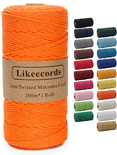 Likeecords makramésnöre 2 mm x 220 yards (201 m), färgat makramésnöre, bomullssnöre, makramégarn, färgglatt bomullspysselsnöre för upphängning, växthängare, pyssel, stickning (orange)
