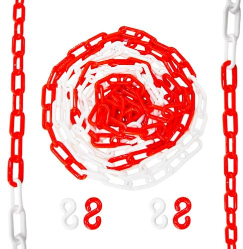 Berry 10 Meter 8MM Plastic Chain - Red and White, Highly Visible Plastic Barrier Chain with 4 Connectable Hooks, Durable Safety Chain for Crowd Control, Construction Sites, and Hazardous Areas
