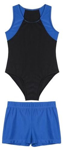 Aiihoo Kinder Jungen Turnanzug Sportlich Body mit Shorts Ärmellos Gymnastikanzug Tanzbody Fitness Yoga Trikot Sportbekleidung Blau 158-164