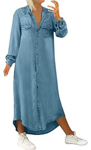 Jeansklänningar, denimklänning, sommarklänning, lös, långärmad, v-ringad, festklänning, tunika, skjorta, blusklänning, jeansklänning, maxiklänning, fritidsklänning, denimklänningar, mode,