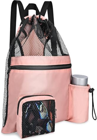 Sarsumir Schwimmrucksack Mesh Strandrucksack Faltbar Schwimmbeutel Trocken Nass Trennung Schwimmtasche Turnbeutel für Erwachsene Männer Frauen Schwimmen Gym Strand Sport, Rosa