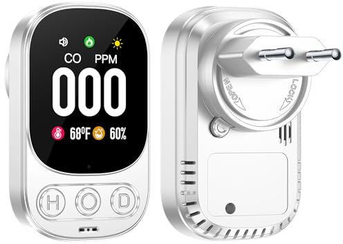 Gedsffati Détecteur de Monoxyde de Carbone avec Prise pour Maison, Alarme de Monoxyde de Carbone, Alarme de CO, avec Grand Écran LCD Couleur, Blanc, HD08