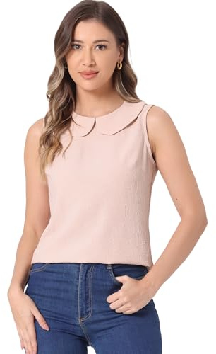 Allegra K Peter Pan Collar Blouse for Women's Casual Sleeveless Jacquard Floral Tank Top Pink L