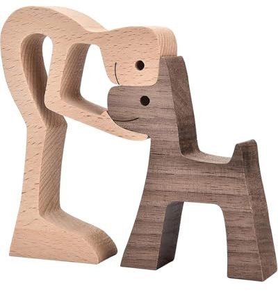 QLEUIFT 2 pcs Estatua de madera hecha a mano, adornos de tallado de madera de cachorro, regalo conmovedor para los amantes de los perros, figura artesanal de madera pequeñas decoraciones para el hogar