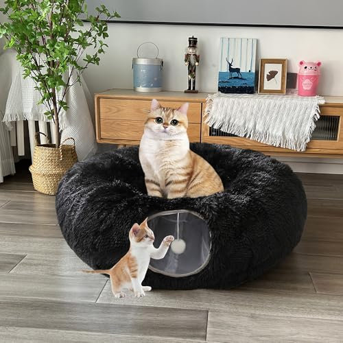 Mabaytir Lit tunnel pour chat d'intérieur en peluche noire, tube de jeu pliable avec coussin amovible, maison de jeu robuste pour chat, cachette douce pour chatons et grands chats, facile à nettoyer