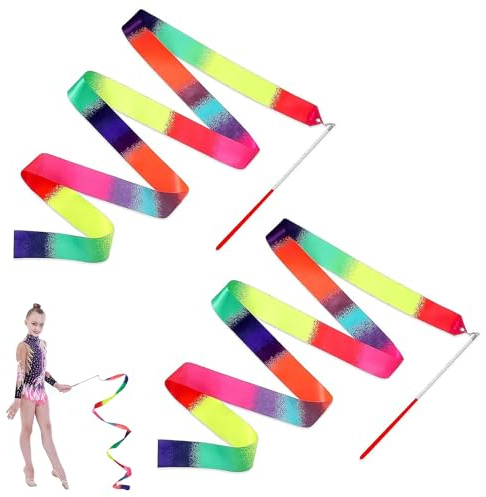 WQEDVN 2PCS Gymnastics Ribbon for Kids, Dance Ribbons for Children, Rainbow Dancer Ribbon Wand, Rhythmic Gymnastics Ribbon, For Artistic Dancing, Talent Shows, Outdoor Play (78.7 Inch)