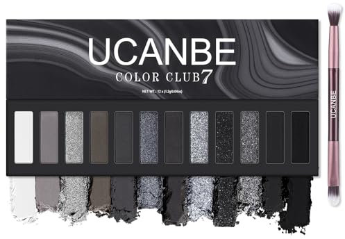 UCANBE Lidschatten Palette Schwarz 12 Farben mit Pinsel - Eyeshadow Palette Matt und Schimmernde - Make Up Palette Hohe Farbwiedergabe, Wasserdicht, Langlebig (07)