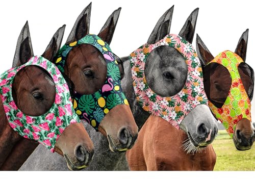 Frienda 4 Pieces Horse Fly Masks with Ears Face Covering UV Protection from Insect Pests Elasticity Smooth Comfortable Mesh Horse Mask Accessories(Fruit,Large)