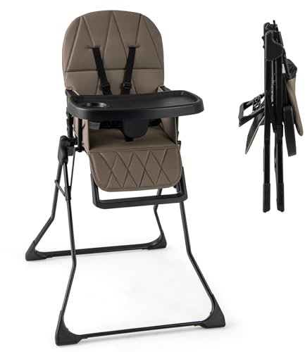 GYMAX High Chairs for Babies and Toddlers, Compact Foldable Highchairs with 3-Position Adjustable Tray & Footrest, Removable Seat Cushion, 5-Point Safety Harness, Portable Baby Feeding Chair (Coffee)