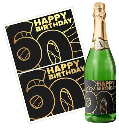 Flaschenetiketten Geburtstag – 2 Happy Birthday Aufkleber gold für Wein, Sekt Geschenk – selbstklebend, wasserfest – Sticker für Flaschen als Geburtstaggeschenk für Frauen und Männer - LINIEN-60